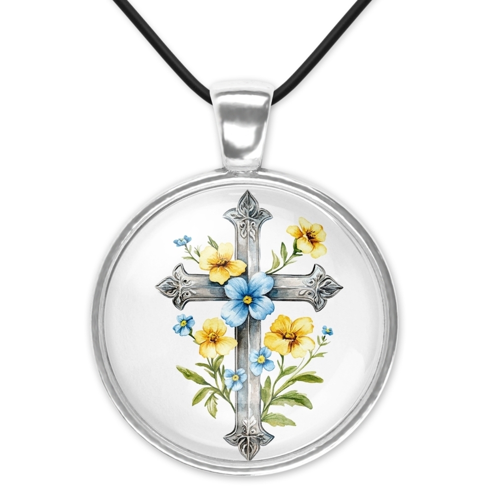 Floral Cross Pendant Necklace 1 Inch